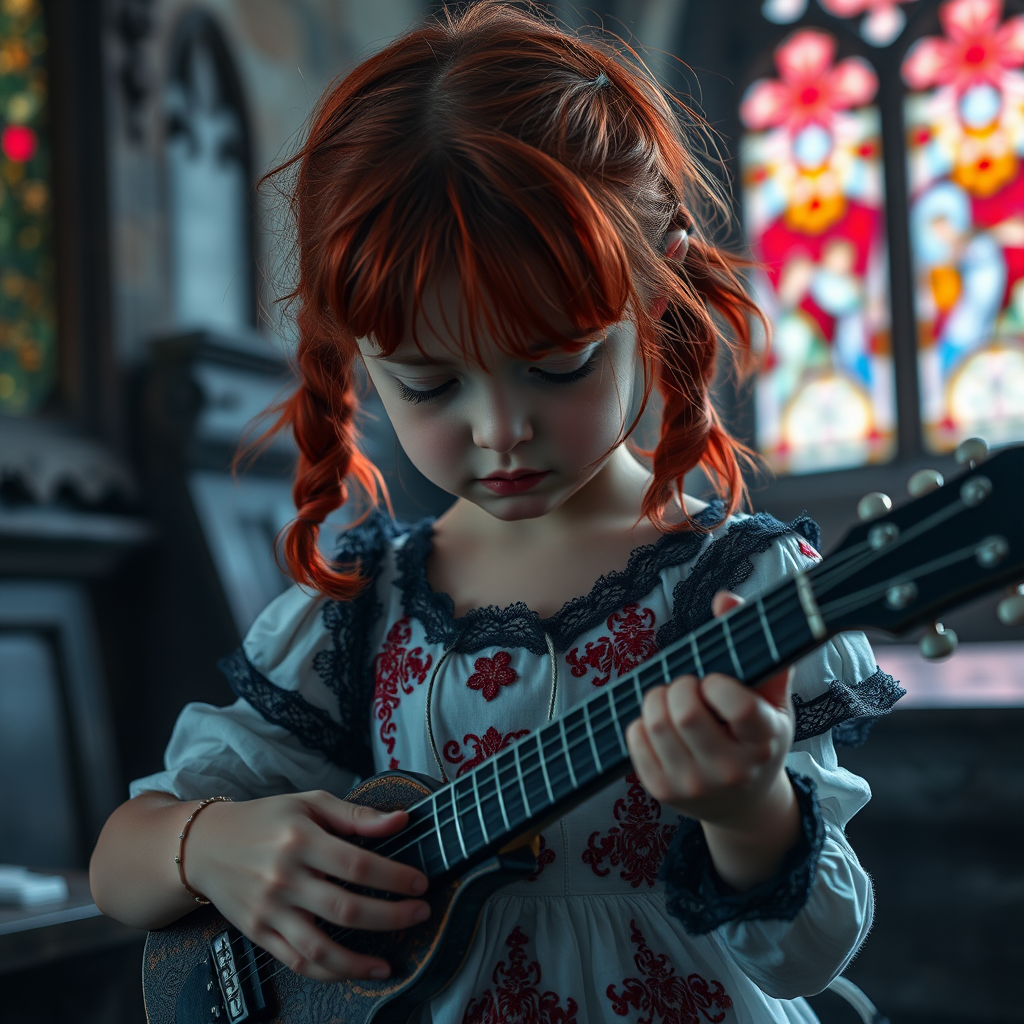 Close up realistic photo of a sad gothic little girl playing (instrument), red hair messy pigtails, black lace white dress with red detailed embroidery, abandoned gothic room with stained glass, closed eyes, horror cinematic lighting, dark fantasy, 4k, hdr,  uhd, detailed dress