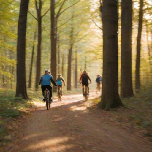 Blurry action shot of a group of friends riding bicycles through a forest trail, soft golden light filtering through the trees, with leaves softly falling around them.