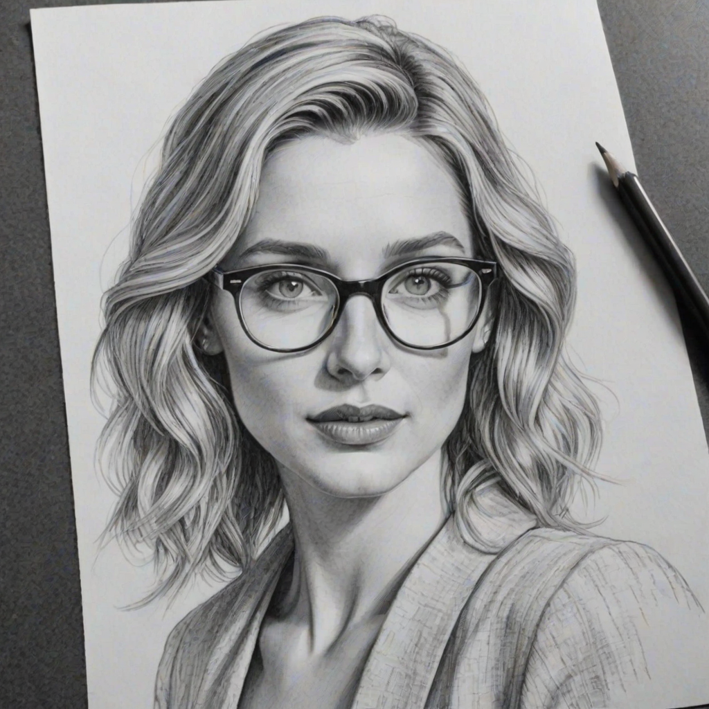 Stunning Annabelle Wallis, pencil sketch, portrait of Splendid woman 1927s in glasses, hair style beatnik, outline, clear lines, fine lines, 8k