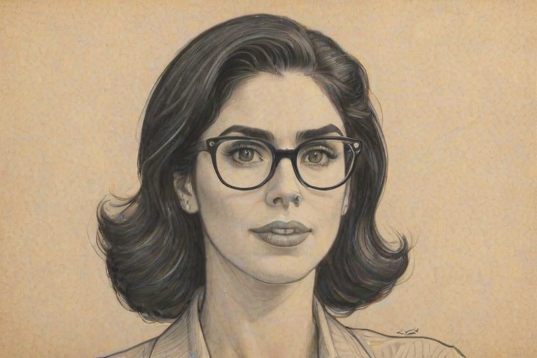 Beauteous Sarah Silverman, pencil sketch, portrait of Resplendent woman 1932s in glasses, hair style beatnik, outline, clear lines, fine lines, 8k