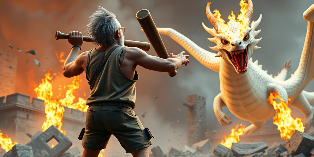 Cartoon 3D High-Resolution,dynamic battle scene using Unreal Engine 5 and Octane Render. The scene features back of an elderly, thai man with a beard,messy hair and round golden-rimmed glasses. He is wearing a tattered tank top with soot marks, shorts, and sandals. sweating. he wields a baseball bat. He jump to fight with a white fire-breathing Europe dragon amidst a partially destroyed stone castle. Include intense flames, smoke, and debris to enhance the dramatic effect.