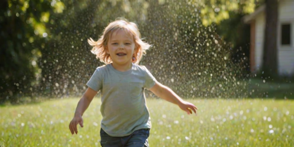 Blurry candid shot of a child running through a garden sprinkler on a hot summer day, water droplets sparkling in the soft sunlight, with distant flowers and trees gently swaying in the breeze.