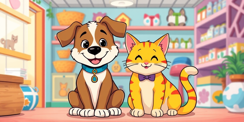 Create a colorful, cartoon-style illustration of a happy dog and cat sitting together in a pet shop setting, high-resolution, low aperture f/2.8, 50mm lens, soft focus background, vibrant colors.