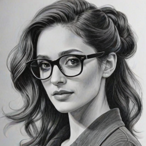 Attractive Emmy Rossum, pencil sketch, portrait of Exquisite woman 1968s in glasses, hair style beatnik, outline, clear lines, fine lines, 8k