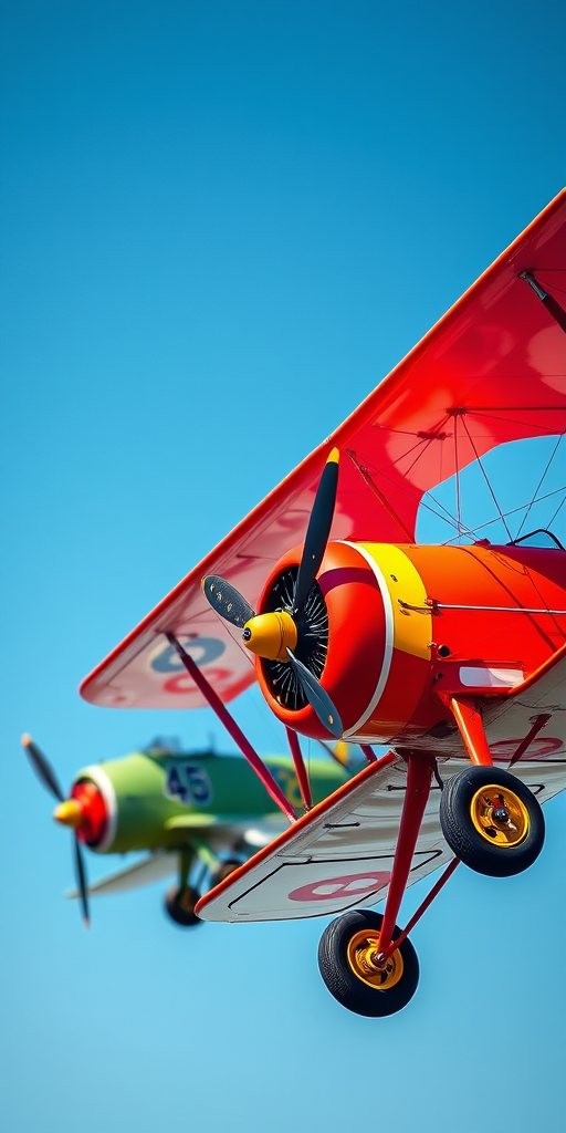 regenerate the image of two vintage airplanes, one being a biplane and the other a monoplane, vibrant colors, high contrast, shot with a DSLR camera at 50mm, f/2.8 aperture, ISO 100, in a clear blue sky background, capturing details and colors vividly