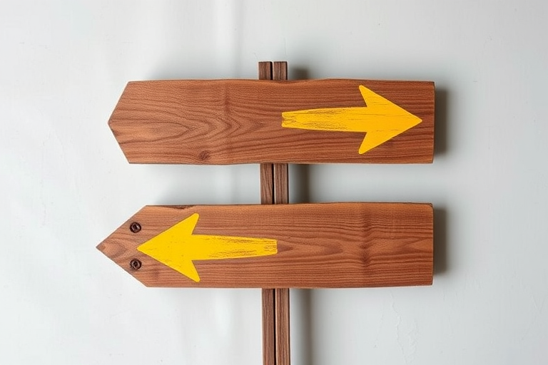 A pair of rustic wooden directional signs with arrows painted in yellow, set against a plain background, captured using a DSLR camera, 50mm lens, f/2.8 aperture, ISO 100, natural lighting, overhead view for enhanced clarity.