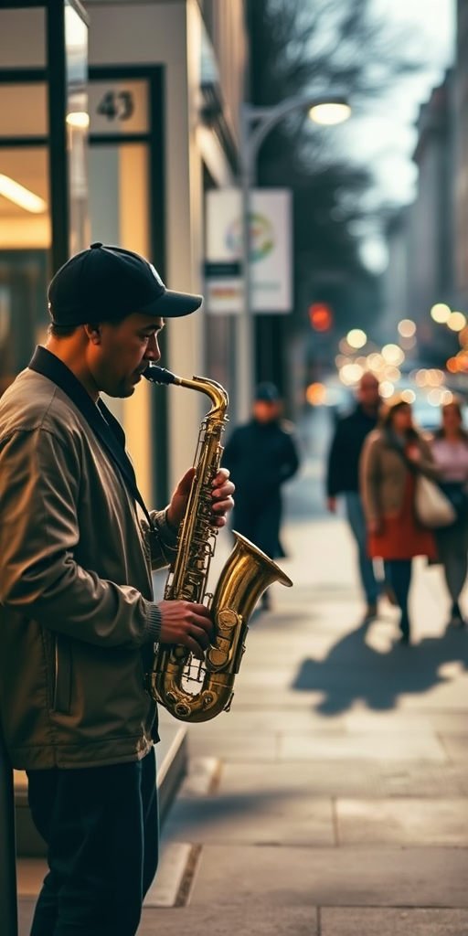 Blurry candid photo of a street performer playing a saxophone on a busy corner, soft glow from nearby streetlights casting long shadows, with distant pedestrians walking by in a hurry.