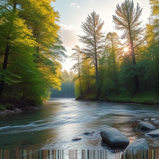 Create an image of a serene, sunlit forest scene with a clear, gently flowing river. Tall trees with lush green foliage line both sides of the river, their leaves bathed in the warm golden light of the setting or rising sun. The sunlight filters through the trees, casting soft, dappled light on the river, which flows over smooth rocks and pebbles, creating a peaceful, natural atmosphere. The sky is bright with a few scattered clouds, and the overall mood is tranquil, evoking a deep sense of connection with nature. The image captures the beauty of a calm, pristine forest landscape at either dawn or dusk.