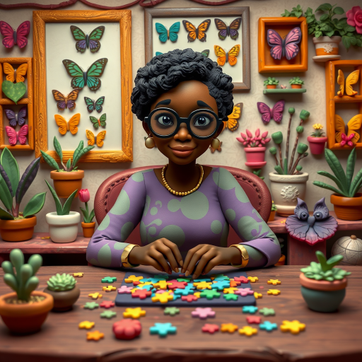 A vibrant and whimsical illustration of an african american woman sitting at a table working on a colorful jigsaw puzzle. she is wearing round glasses, and patterned clothing in shades of purple and green.  The background features an eclectic collection of framed butterflies, potted plants, and other natural elements, creating a warm and inviting atmosphere. The style is playful and modern, with rich textures, intricate details, and a lively color palette.