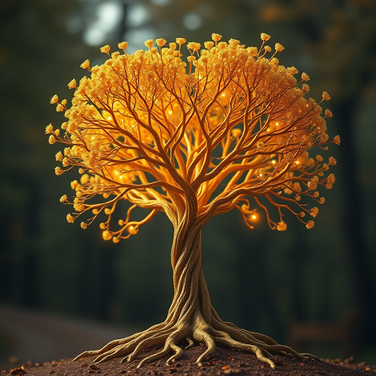 Create a highly detailed 3D rendering of a golden heart-shaped tree with intricate branches and roots, using a Canon EOS R5, aperture f/8, ISO 100, 50mm lens, soft focus background, and high dynamic range for enhanced luminosity.