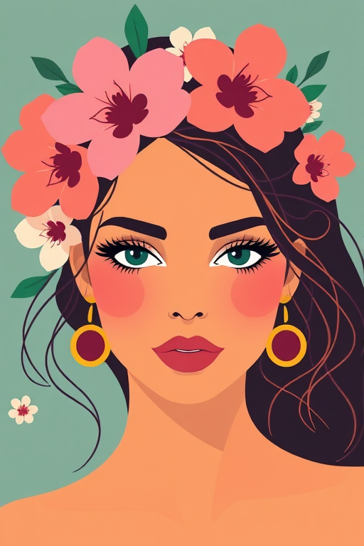 Use modern vector graphics flat design art with vibrant colors with a limited color pallete and simple shapes to create an illustration of a woman wearing flowers in her hair looking at the viewer