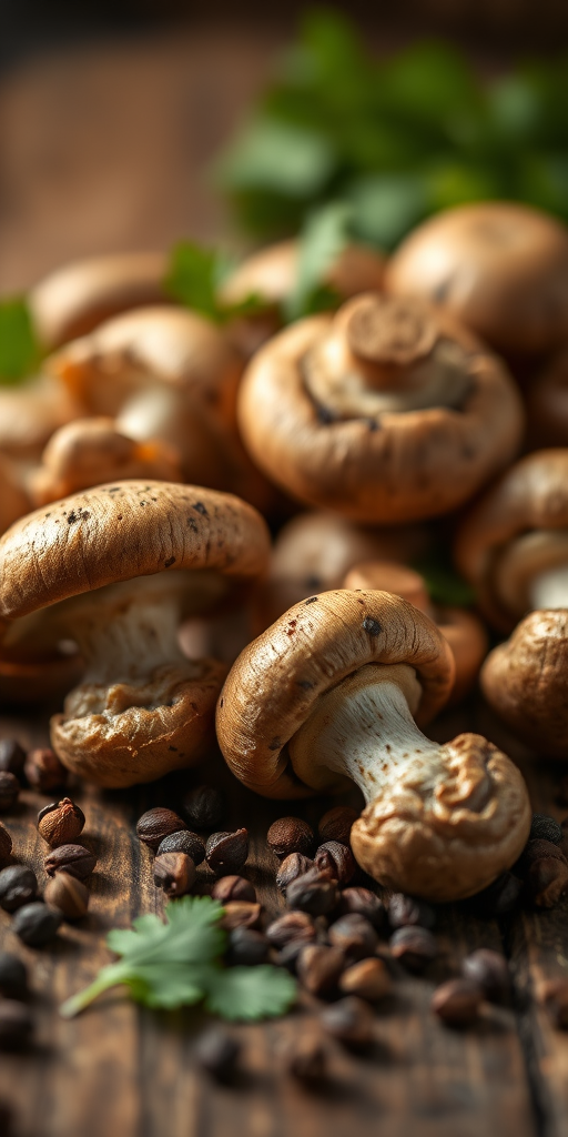 mushrooms on a wooden surface with scattered peppercorns and fresh cilantro, close-up shot, shallow depth of field, natural lighting, ISO 100, f/2.8, 50mm lens, DSLR camera
