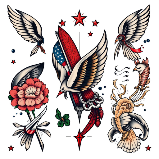 Neo-traditional tattoo named "Bold Heritage" combining classic Americana motifs with modern color palettes and stylized elements for a contemporary twist on timeless designs