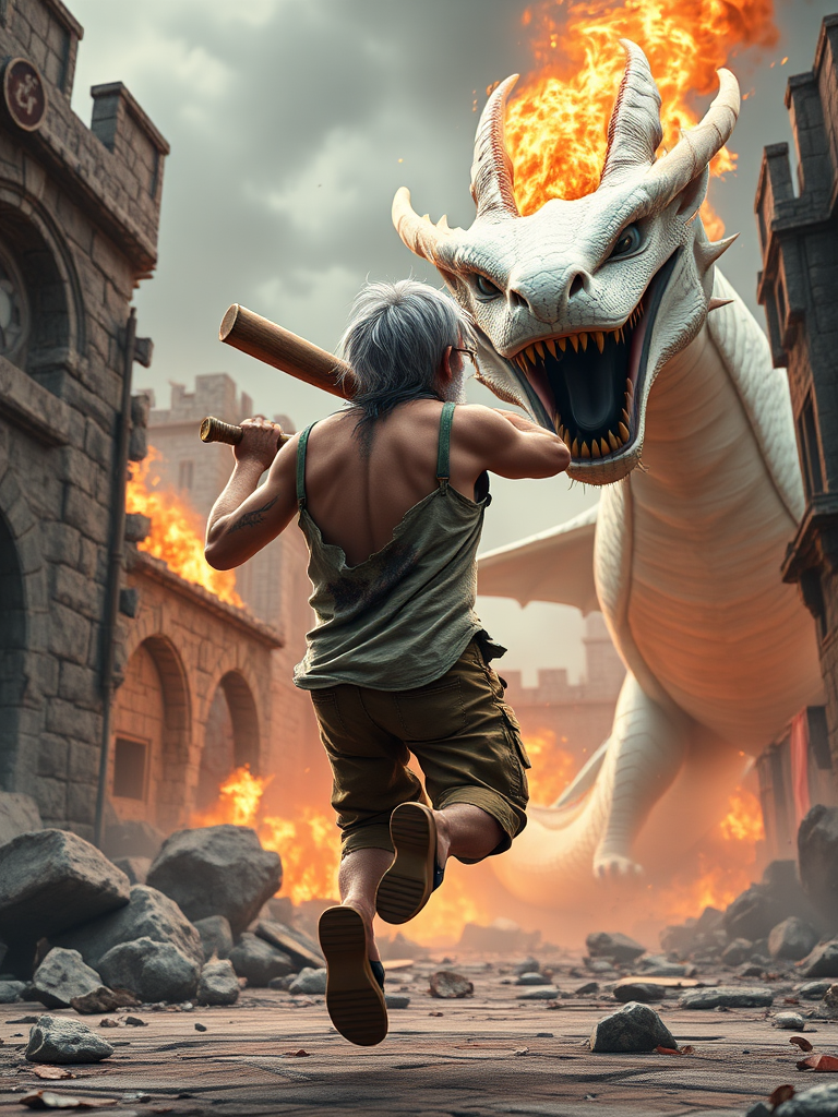 Cartoon 3D High-Resolution,dynamic battle scene using Unreal Engine 5 and Octane Render. The scene features back of an elderly, thai man with a beard,messy hair and round golden-rimmed glasses. He is wearing a tattered tank top with soot marks, shorts, and sandals. sweating. he wields a baseball bat. He jump to fight with a white fire-breathing Europe dragon amidst a partially destroyed stone castle. Include intense flames, smoke, and debris to enhance the dramatic effect.