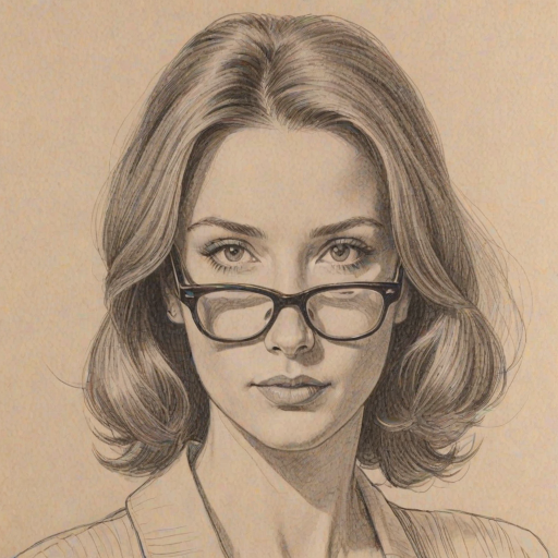 Comely Rachel Nichols, pencil sketch, portrait of Fascinating woman 1964s in glasses, hair style beatnik, outline, clear lines, fine lines, 8k