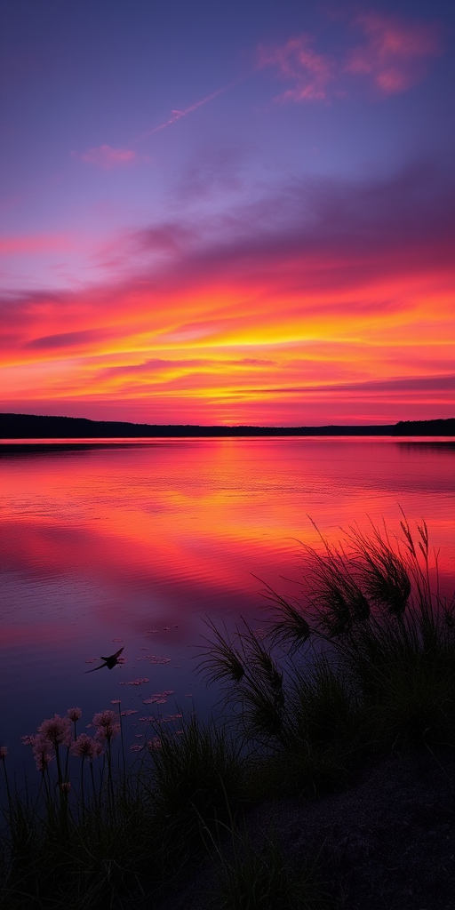 Create a high-resolution image of a serene sunset over a calm lake with vibrant orange and purple hues in the sky, captured with a DSLR camera at f/8 aperture, ISO 100, 1/200 sec exposure, using a wide angle lens, in landscape orientation to enhance detail and depth.