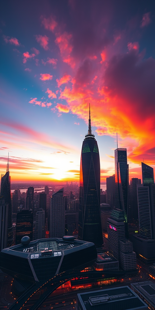 Create an image of a futuristic city skyline at sunset with vibrant colors, shot with a Canon EOS R5 at f/8, ISO 100, 16mm, HDR style, capturing intricate architectural details and dramatic lighting.