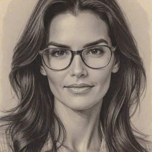 Charming Angie Harmon, pencil sketch, portrait of Fetching woman 1978s in glasses, hair style beatnik, outline, clear lines, fine lines, 8k