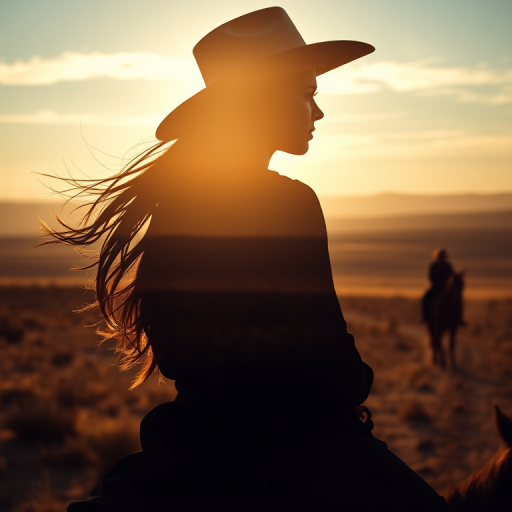 "Create a Double exposure", a silhouette "profile portrait of a young cowgirl" with long hair "superimposed" against a long shot of a cowgirl riding a horse across the plains, fantastic view, 32k, cinematic, hyper-realistic.