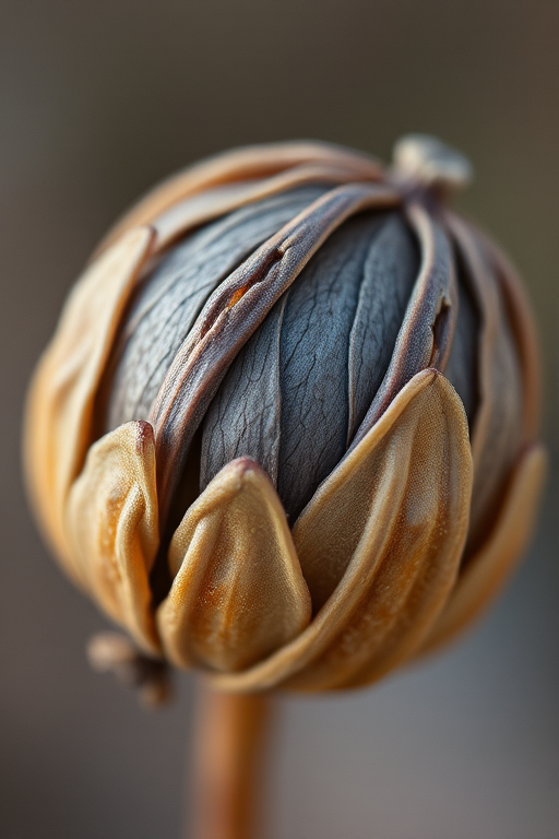 macro shot of a dried seed pod with intricate details and textures, shallow depth of field, 50mm lens, f/2.8 aperture, ISO 100, soft natural lighting, capture in RAW format