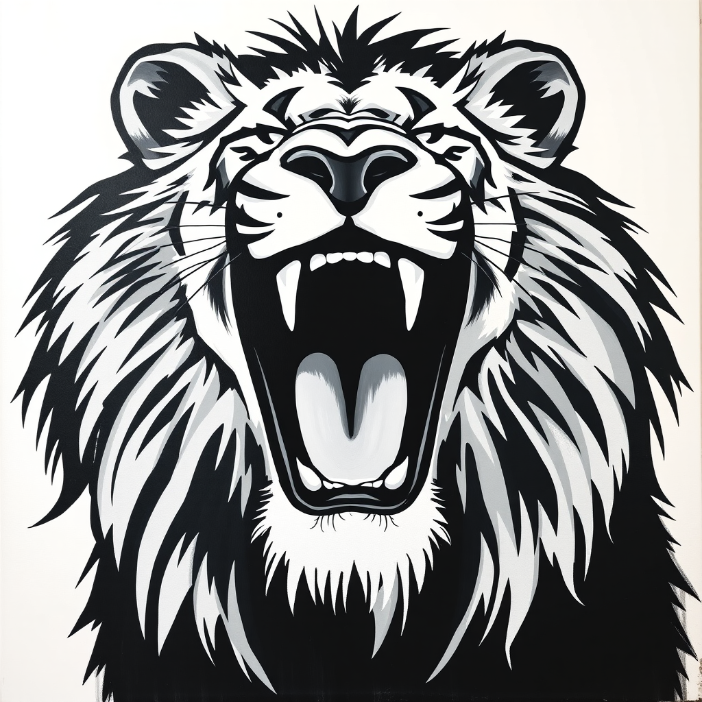 Abstract black and white acrylic portrait of an over exaggerated laughing (lion). Minimalism style. White background.