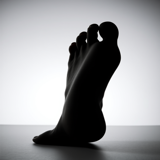 Create an image of a large, detailed human foot silhouette on a contrasting background, using a DSLR camera with a 50mm lens, aperture set to f/2.8, ISO 100, and shot at eye level, with soft lighting to enhance the smooth contours and textures.