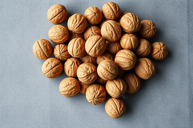 photograph a pile of walnuts on a textured gray surface, using a DSLR camera with a 50mm lens, aperture set to f/2.8, ISO 100, under soft natural lighting from the side, top-down view for clarity and detail, ensuring a shallow depth of field to enhance focus on the walnuts.