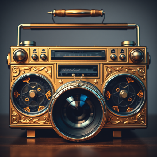Create a highly detailed image of a vintage gold boombox with intricate designs, 50mm lens, f/2.8 aperture, shot from a frontal view, using a DSLR camera to enhance the image quality and clarity.