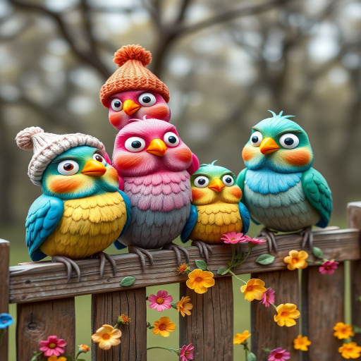 create a scene of 4 quirky  whimsical colourful comical birds each with a funny expression. they are sat on a wooden fence with colourful flowers. they are all different sizes. each one is a different colour  one is wearing a woolly hat. Each one has a different quirky google expression and there is a muted background of trees watercolour paintierly style high definition 8k resolution 3D paper mache