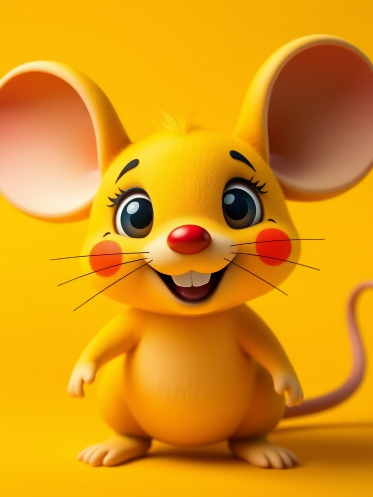 Create an image of a cheerful, cartoon-style yellow mouse-like creature with large ears and red cheeks, set against a vibrant yellow background, using a DSLR camera with a 50mm lens, aperture f/2.8, ISO 100, high saturation, and soft lighting.