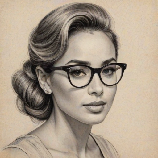 Enchanting Zulay Henao, pencil sketch, portrait of Exquisite woman 1950s in glasses, hair style beatnik, outline, clear lines, fine lines, 8k