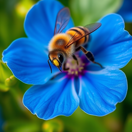close-up of a bee collecting nectar from a blue flower with lush green leaves in the background, shot with a DSLR camera at 100mm focal length, aperture f/2.8, ISO 200, natural lighting, macro photography style