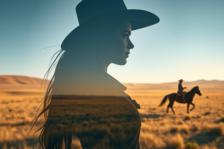 "Create a Double exposure", a silhouette "profile portrait of a young cowgirl" with long hair "superimposed" against a long shot of a cowgirl riding a horse across the plains, fantastic view, 32k, cinematic, hyper-realistic.