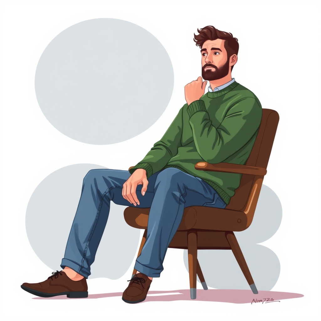 Create an illustration of a thoughtful man sitting on a chair, wearing a green sweater and blue jeans, surrounded by soft abstract shapes, captured with a DSLR camera at f/2.8 aperture, ISO 100, 50mm focal length, in natural light, using a shallow depth of field to enhance focus on the subject while softening the background.