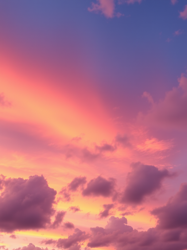 create a vibrant sunset sky with soft pink and purple clouds, use a Canon EOS R5 camera with a 50mm lens, set aperture to f/2.8, ISO 100, and shutter speed 1/200s, capture from a wide-angle view for an expansive feel, in digital art style for enhanced quality