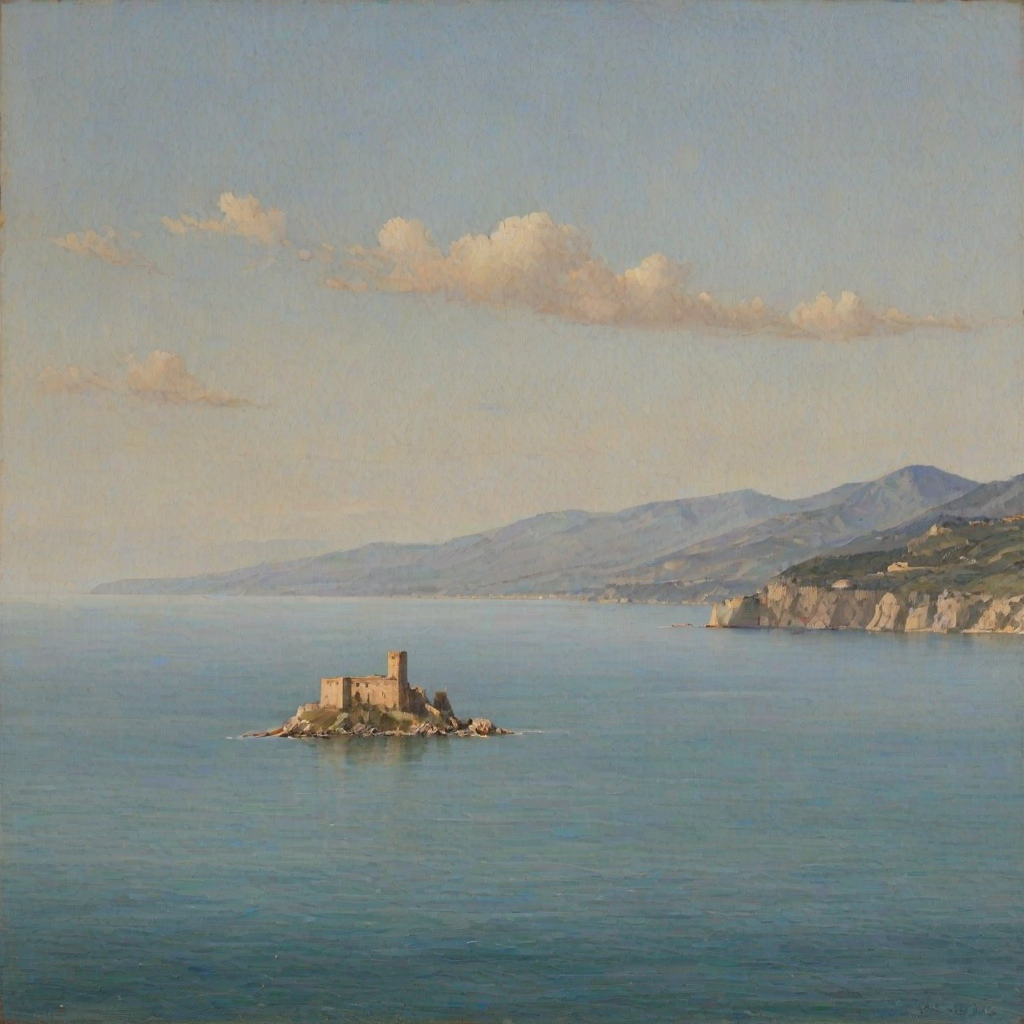 (italian seascape,sea),distant small mediaval italian castle,soft colours,