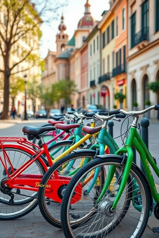 Generate an image of a row of colorful bicycles parked along a street with historical architecture in the background, captured with a Canon EOS R5, 50mm lens, f/1.8 aperture, ISO 100, and natural daylight for enhanced clarity and vibrancy.