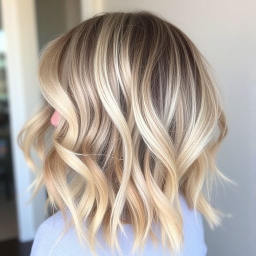 Ash blonde balayage styled in textured beach waves with a deep side part, the Sandy Shore style radiates effortless chic and sun-kissed allure
