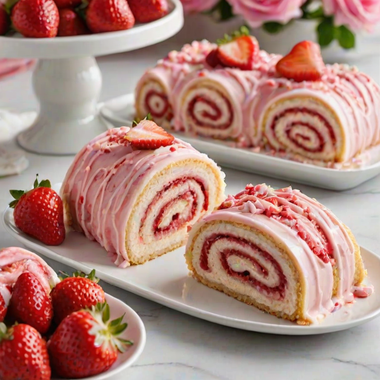 Create a vibrant and delicious dessert display featuring pink strawberry roll cakes. The cakes should be sliced to reveal their soft, fluffy texture and creamy filling, topped with fresh strawberries and a sprinkle of crumbly topping. Arrange the slices neatly on a white platter, with a soft-focus background that enhances the sweetness of the dessert.