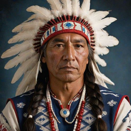 Create a dignified portrait of a Native American man dressed in traditional attire. He wears a beautifully crafted headdress adorned with white feathers and red beads, along with a beaded headband featuring intricate patterns. His clothing includes a deep blue, patterned shirt and a traditional chest piece with detailed beadwork. His arms are crossed, displaying leather armbands decorated with feathers. The background is simple and neutral, emphasizing his proud and stoic expression. The overall image captures the rich cultural heritage and strength of his persona.