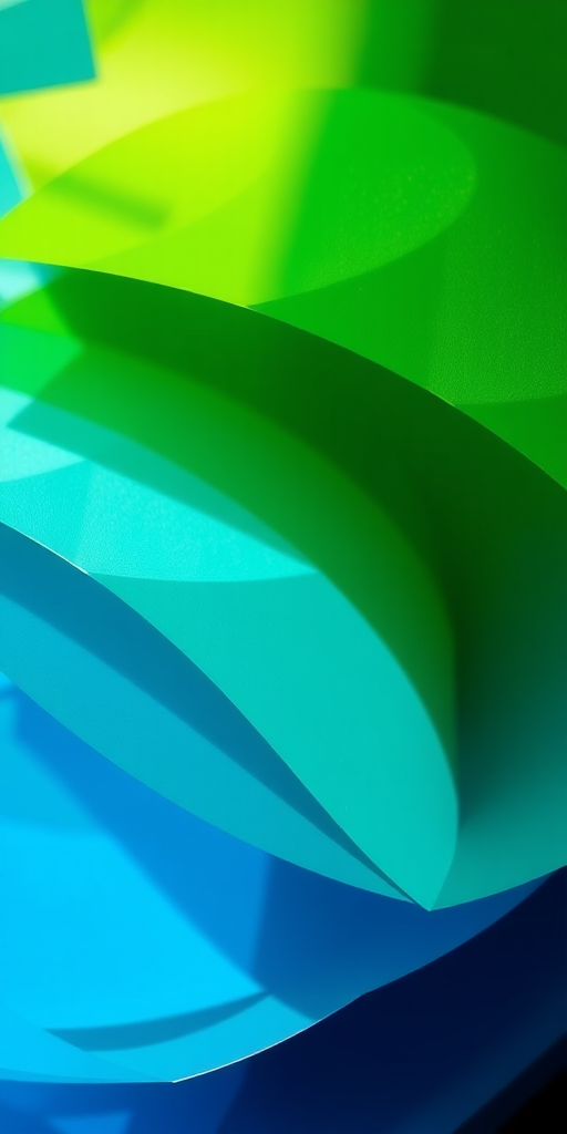 Create a high-resolution abstract image with layered geometric shapes in varying shades of green and blue, captured with a DSLR camera using a 50mm lens at f/8, ISO 100, with a shallow depth of field and natural lighting to enhance color vibrancy.