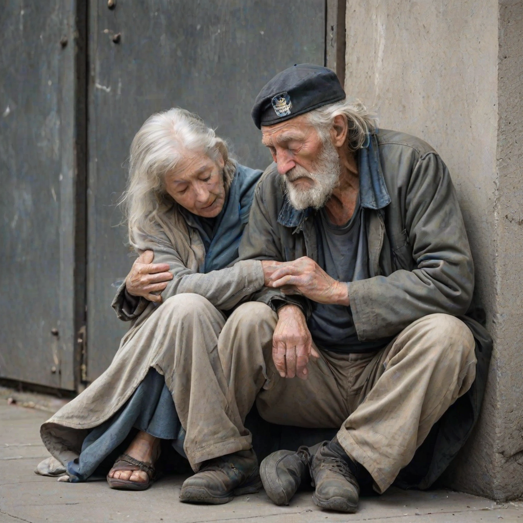 beautifully weathered old homeless veteran sitting on the ground slumping against the wall of a building with his eyes closed. there is an Ethereal, translucent figure of a beautiful elderly woman comforting him