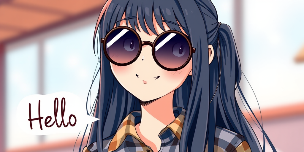 Create a detailed illustration of a girl wearing round sunglasses with long hair, dressed in a plaid shirt, smiling and saying "Hello," using a high-resolution digital art style, shot in a front view perspective, with a soft focus effect, and a modern illustration software.