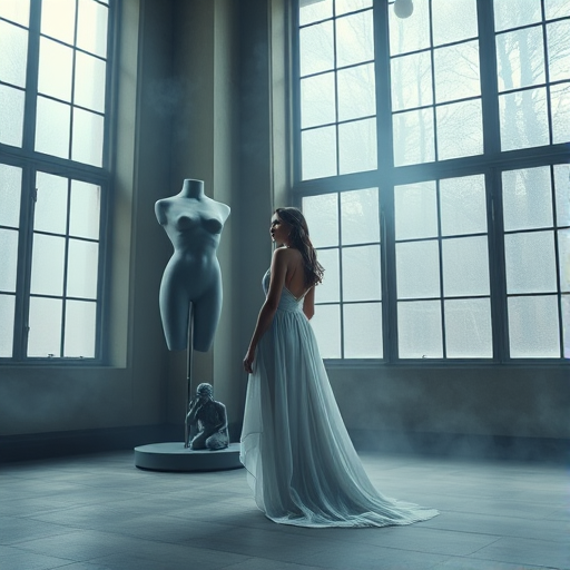 A serene indoor scene featuring a woman in a flowing white gown standing near a gray torso sculpture, with a kneeling figure beside her, soft light filtering through large, dusty windows, with a foggy atmosphere; camera settings: f/2.8, 1/60s, ISO 200; camera view: wide-angle; camera style: ethereal; camera type: DSLR.