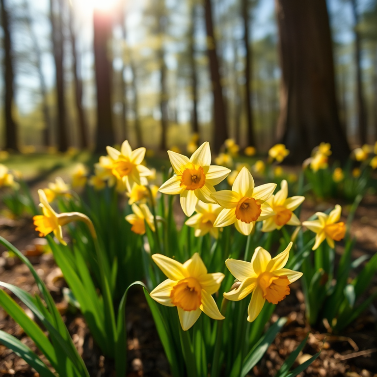 floral scene of blooming daffodils in a sunlit forest setting, captured with a DSLR camera at f/2.8 aperture, 1/200 sec shutter speed, ISO 100, with a shallow depth of field to enhance background blur, taken from eye level for a natural perspective