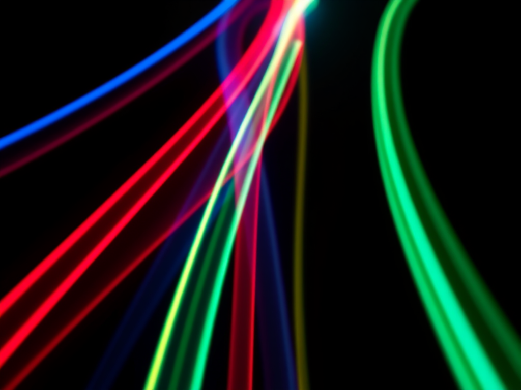 create a vibrant abstract light trails image with smooth flowing lines in red, blue, green, and yellow on a black background, using a DSLR camera with a 50mm lens at f/1.8, shutter speed 1/60s, ISO 100, shot from a low angle and in long exposure style to capture motion and enhance luminosity