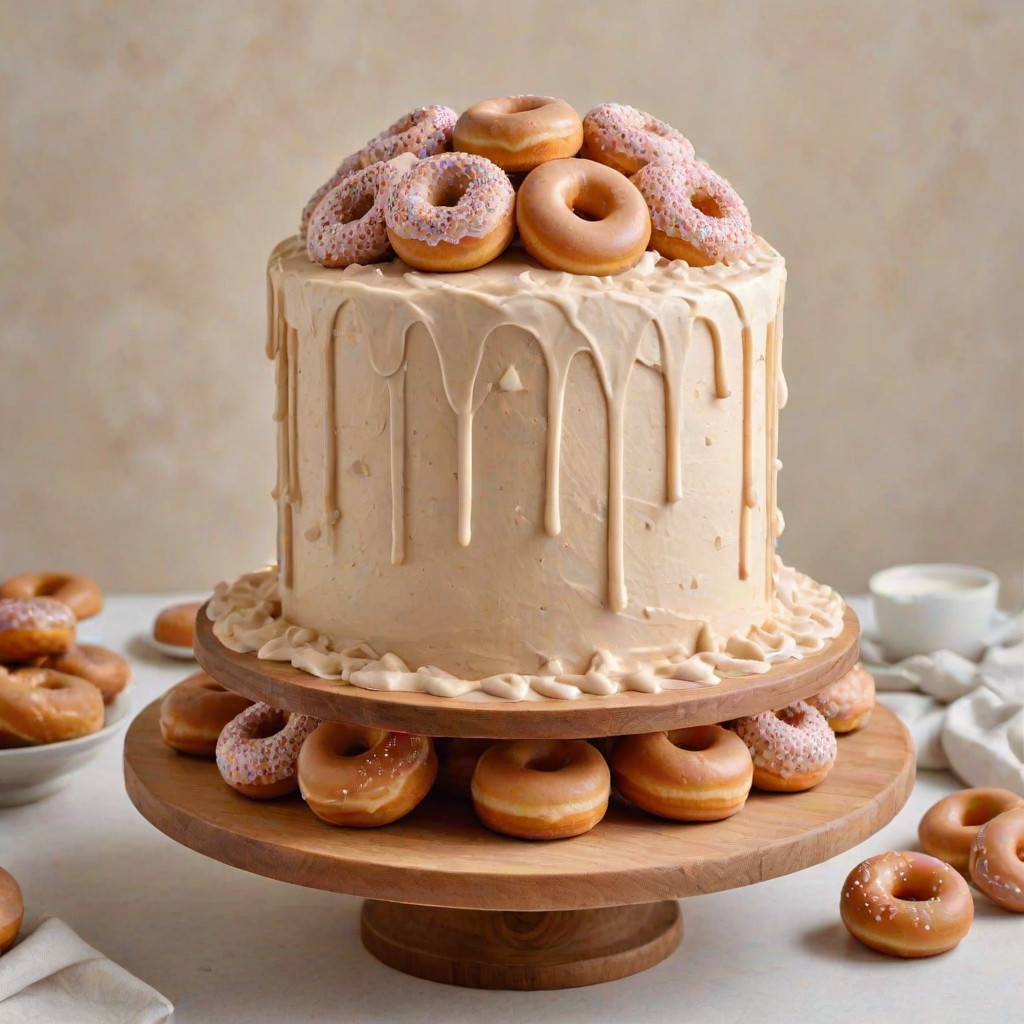 Create an image of a tall, round cake with smooth beige frosting. The top of the cake is decorated with small, round doughnuts and a swirl of frosting. Place the cake on a wooden cake stand with a clean, light-colored background. Include a few small doughnuts scattered around the base of the cake.
