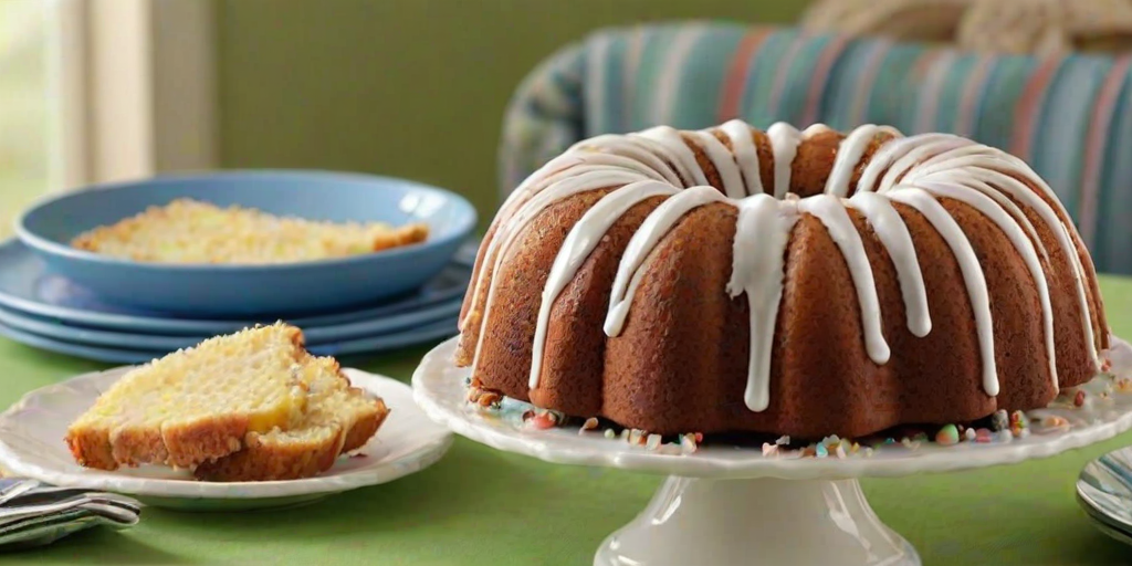 Create an image of a beautifully decorated bundt cake with a crumbly topping and a drizzle of icing. Display the cake on a white cake stand, accompanied by a slice on a green plate. Include a glass of orange juice in the background and use a soft, textured blue tablecloth as the backdrop. Make the scene inviting and appetizing.