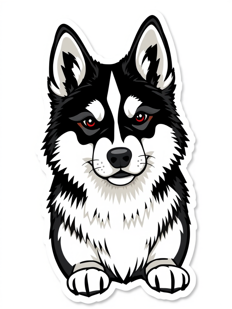 generate sticker, 3D black and white yakutian laika dog breed, black background