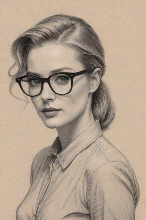 Exquisite Evan Rachel Wood, pencil sketch, portrait of Fetching woman 1957s in glasses, hair style beatnik, outline, clear lines, fine lines, 8k